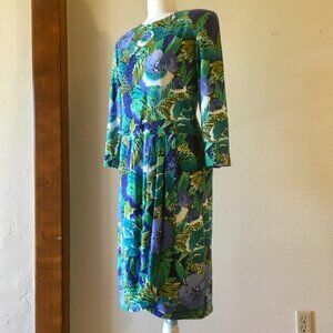 VTG 70s 80s Positive Attitude Blue Green Floral Long Sleeve Midi Dress Size S
